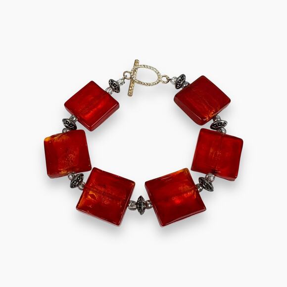 Artisan Bracelet Pierced Dangle Earrings Red Acrylic Square Links Silver Tone - Picture 3 of 10